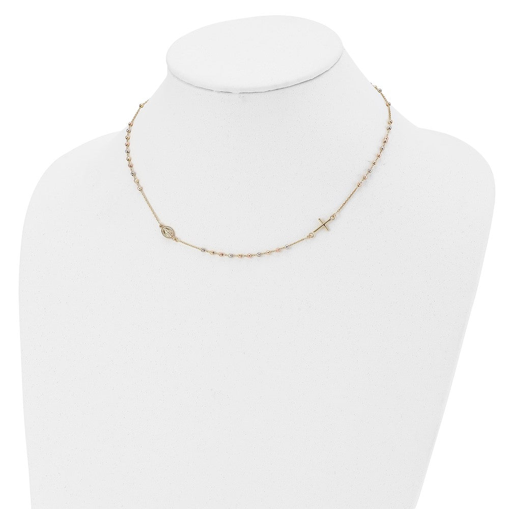 14K Tri Color Sideways Cross Beaded Rosary Style 18 Inch Necklace