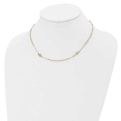 14K Tri Color Sideways Cross Beaded Rosary Style 18 Inch Necklace
