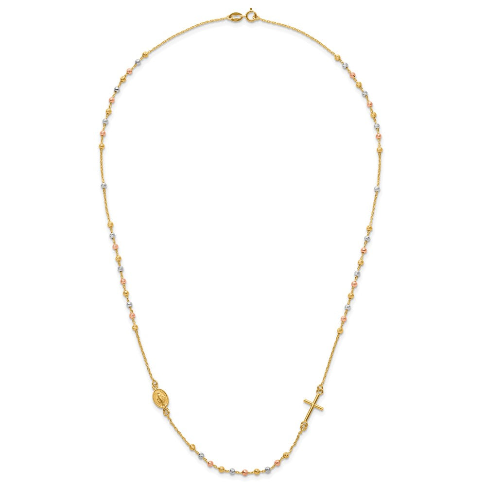 14K Tri Color Sideways Cross Beaded Rosary Style 18 Inch Necklace