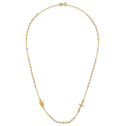 14K Tri Color Sideways Cross Beaded Rosary Style 18 Inch Necklace