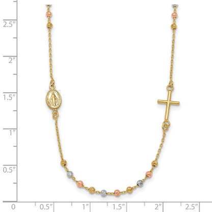 14K Tri Color Sideways Cross Beaded Rosary Style 18 Inch Necklace