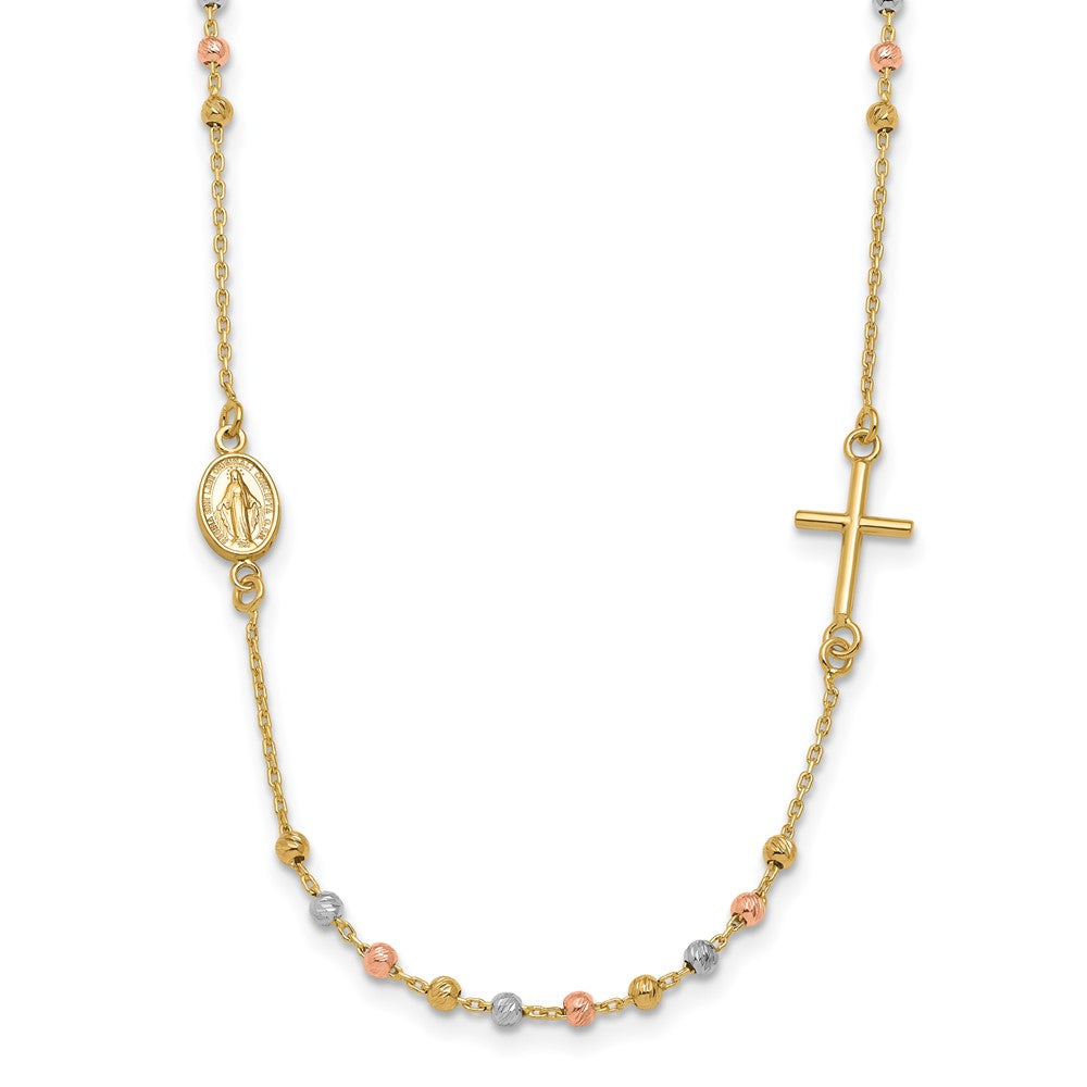 14K Tri Color Sideways Cross Beaded Rosary Style 18 Inch Necklace