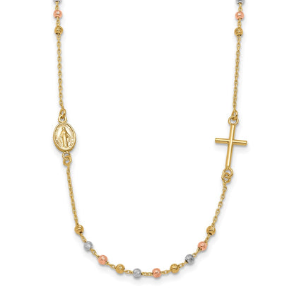 14K Tri Color Sideways Cross Beaded Rosary Style 18 Inch Necklace