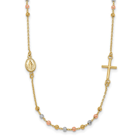 14K Tri Color Sideways Cross Beaded Rosary Style 18 Inch Necklace