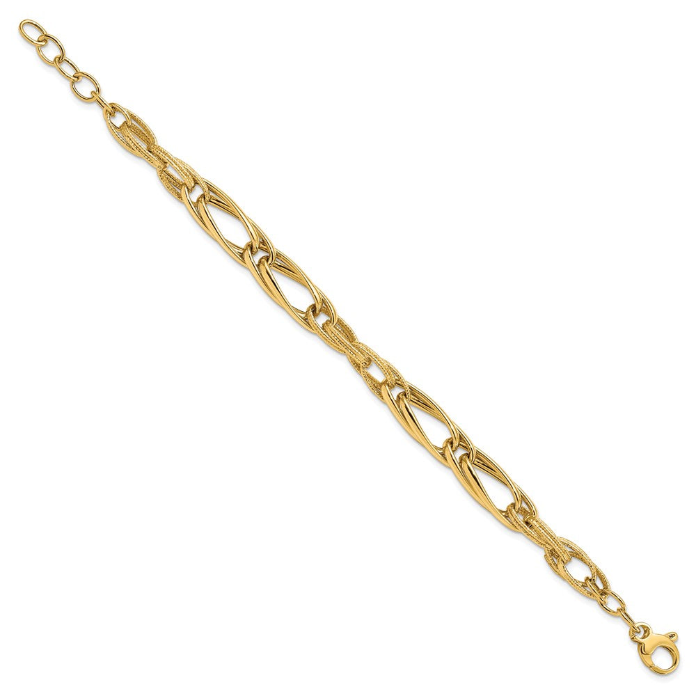 7 Inch 14K Polished And Textured W/.75 In Ext. Fancy Link Bracelet