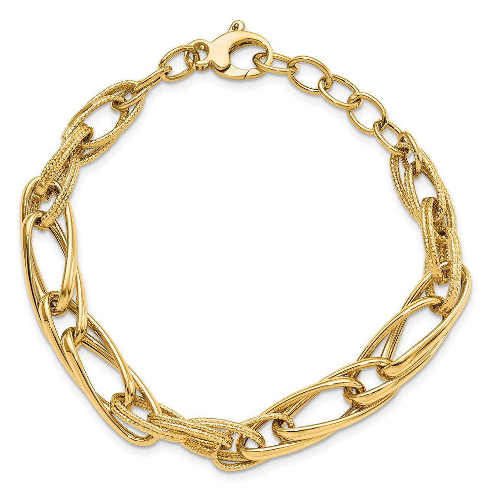 7 Inch 14K Polished And Textured W/.75 In Ext. Fancy Link Bracelet