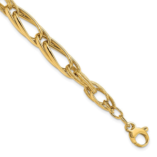 7 Inch 14K Polished And Textured W/.75 In Ext. Fancy Link Bracelet