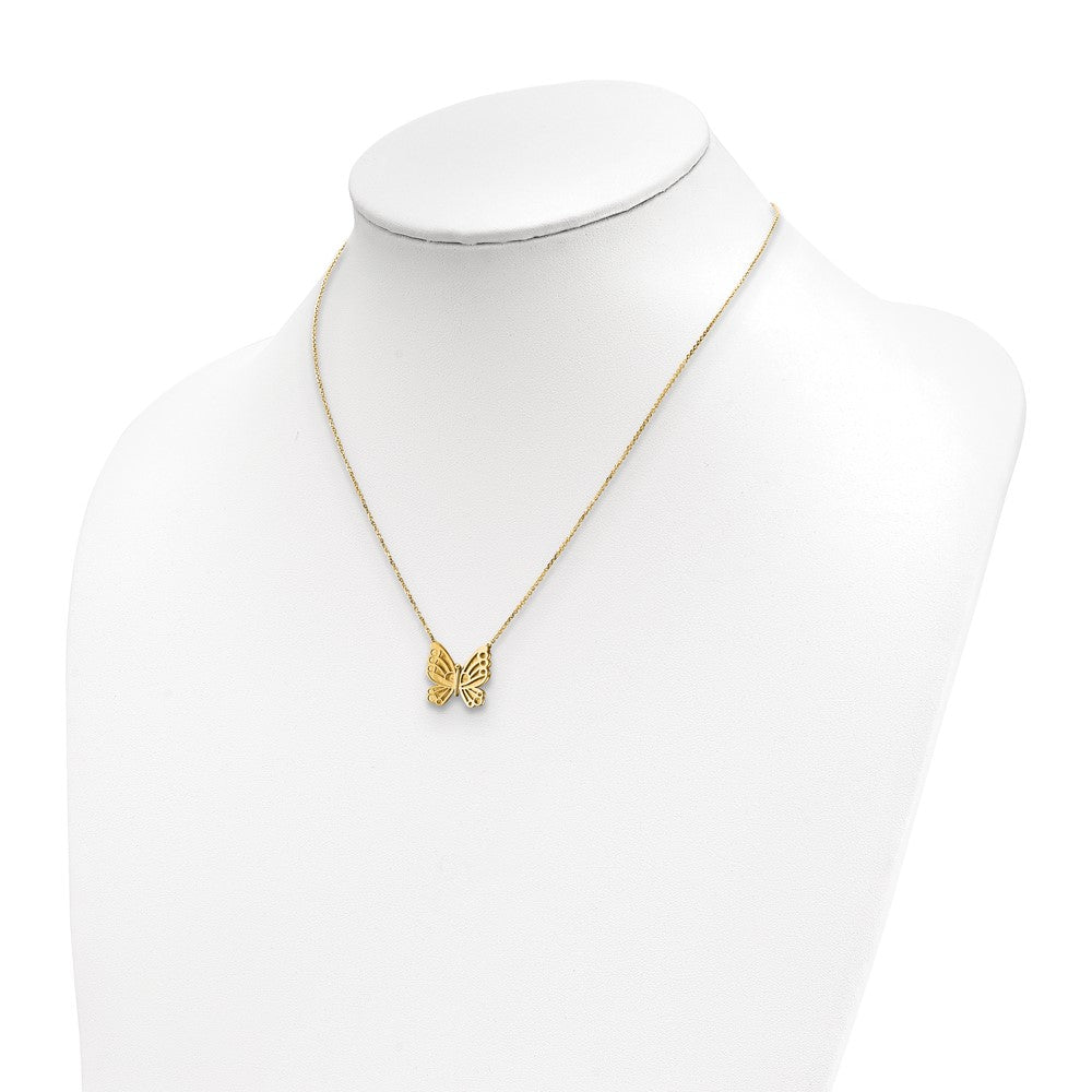 14K Yellow Gold Polished And Brushed Butterfly W/ 2In Ext Necklace
