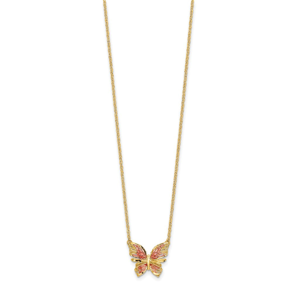 14K Yellow Gold Polished D/C W/ Pink Enamel Butterfly Necklace