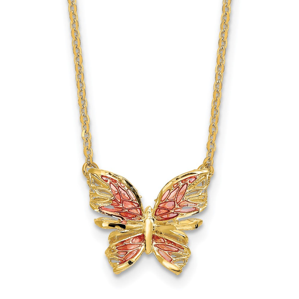 14K Yellow Gold Polished D/C W/ Pink Enamel Butterfly Necklace
