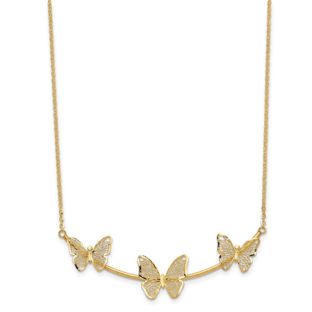 14K Yellow Gold Polished Filigree 3 Butterfly Bar Necklace