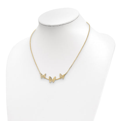 14K Yellow Gold Polished Filigree 3 Butterfly Bar Necklace