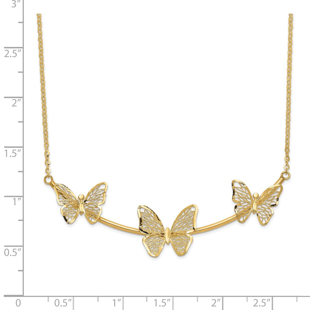 14K Yellow Gold Polished Filigree 3 Butterfly Bar Necklace