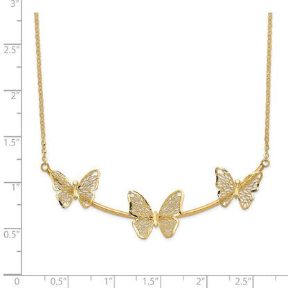 14K Yellow Gold Polished Filigree 3 Butterfly Bar Necklace