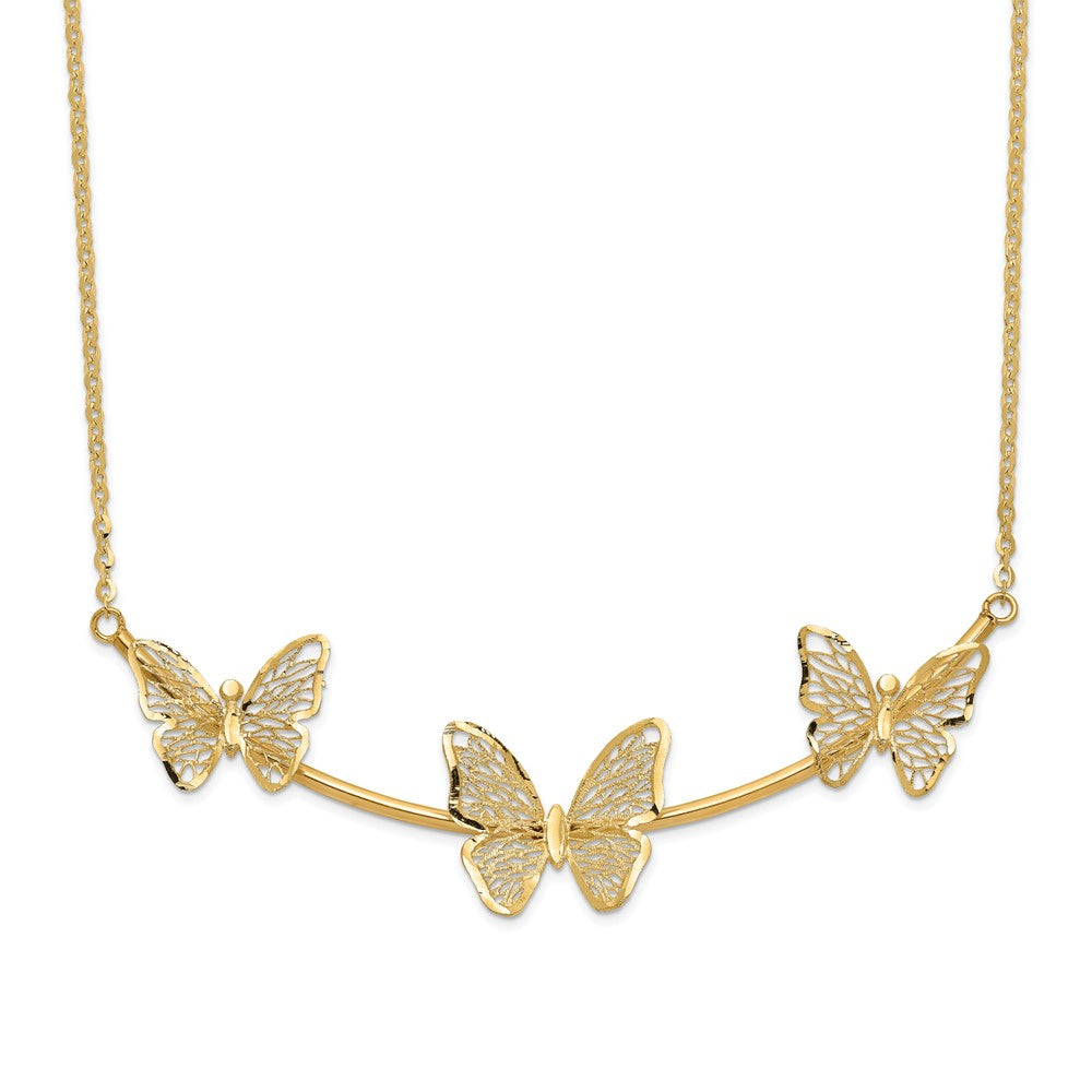 14K Yellow Gold Polished Filigree 3 Butterfly Bar Necklace