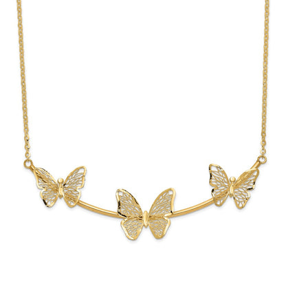 14K Yellow Gold Polished Filigree 3 Butterfly Bar Necklace