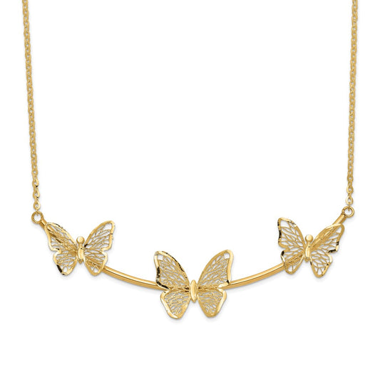 14K Yellow Gold Polished Filigree 3 Butterfly Bar Necklace