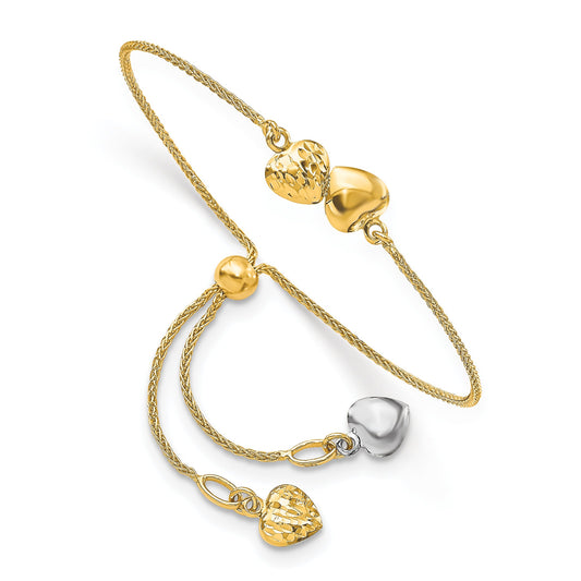 14K Two Tone Polished D/C Heart Adjustable Bracelet
