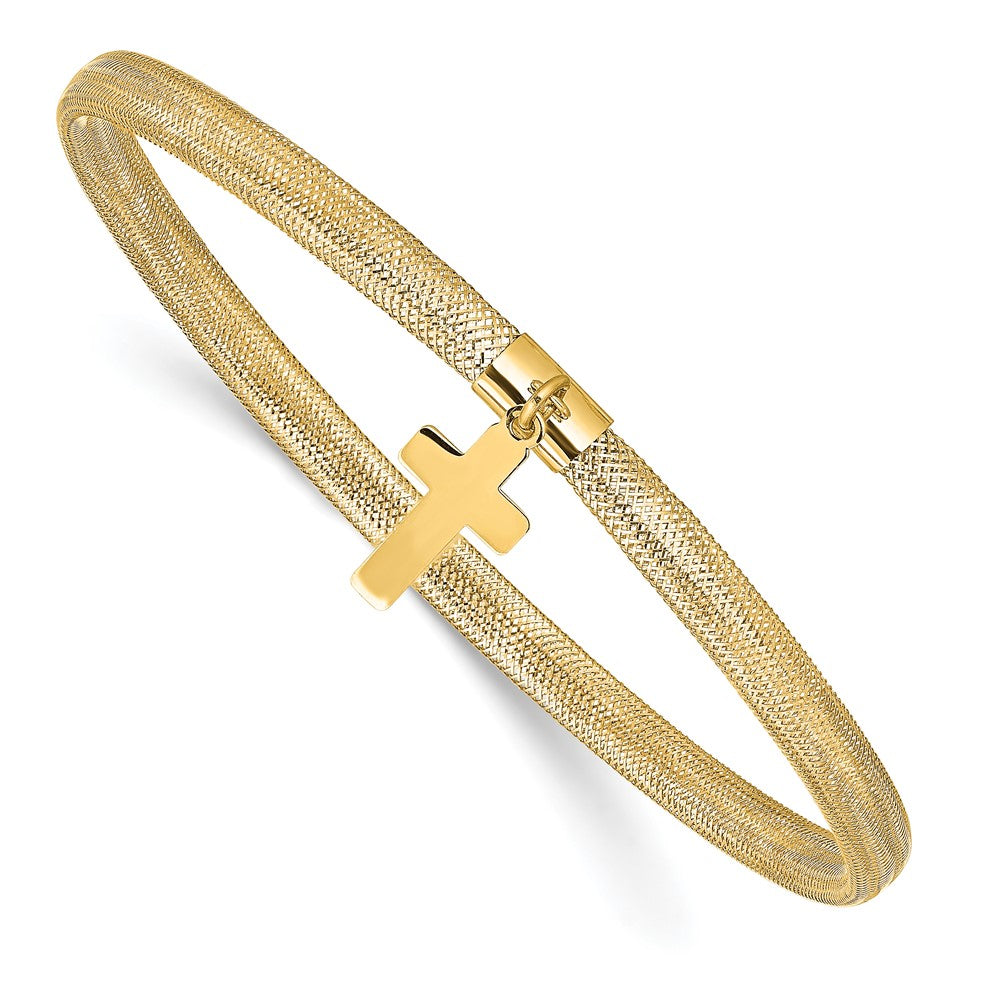 14K Yellow Gold Polished Cross Charm Stretch Bangle