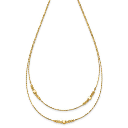 14K Yellow Gold Polished D/C Beaded 2 Strand W/ .75In Ext Necklace