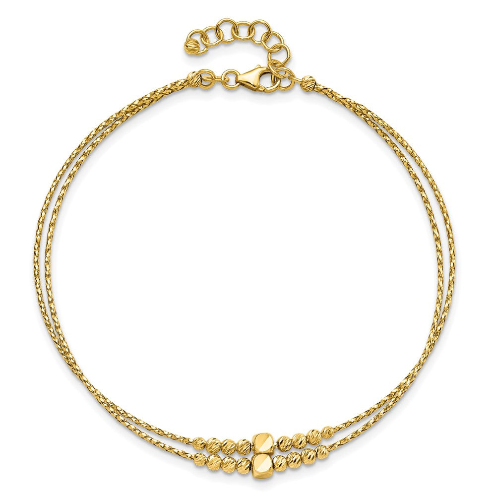 14K Yellow Gold Polished D/C Beaded 2 Strand W/ 1In Ext Bracelet