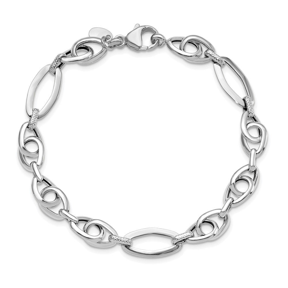 14K White Gold Polished Textured Fancy Link Bracelet