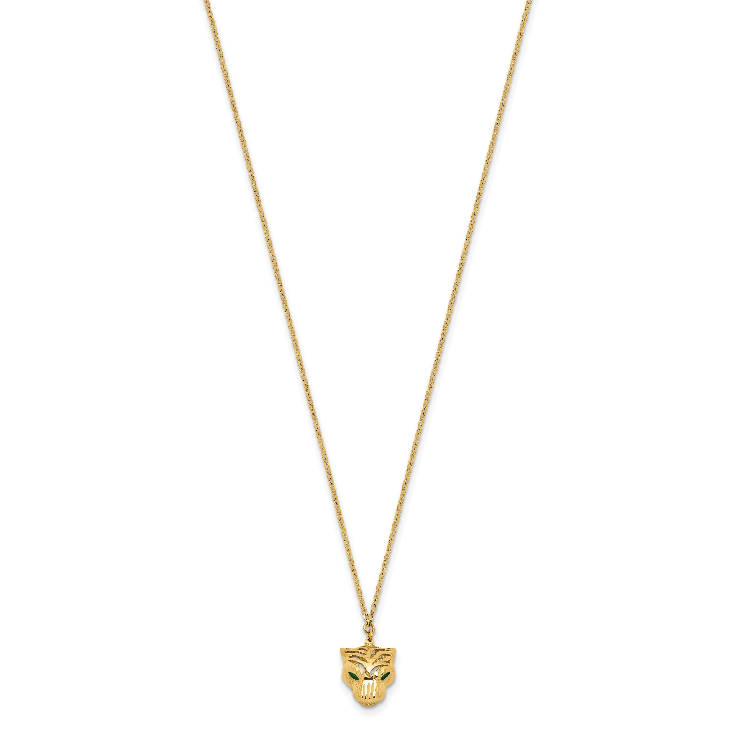 14K Yellow Gold Polished D/C Green Enamel Tiger Necklace