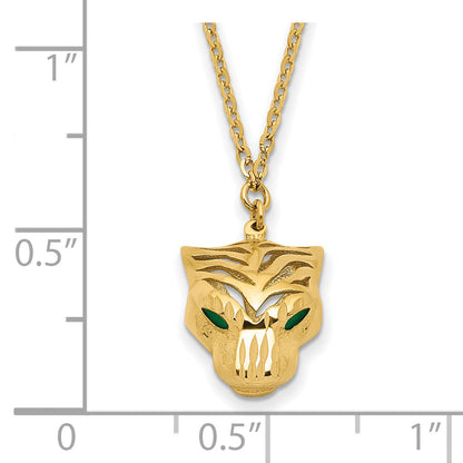 14K Yellow Gold Polished D/C Green Enamel Tiger Necklace