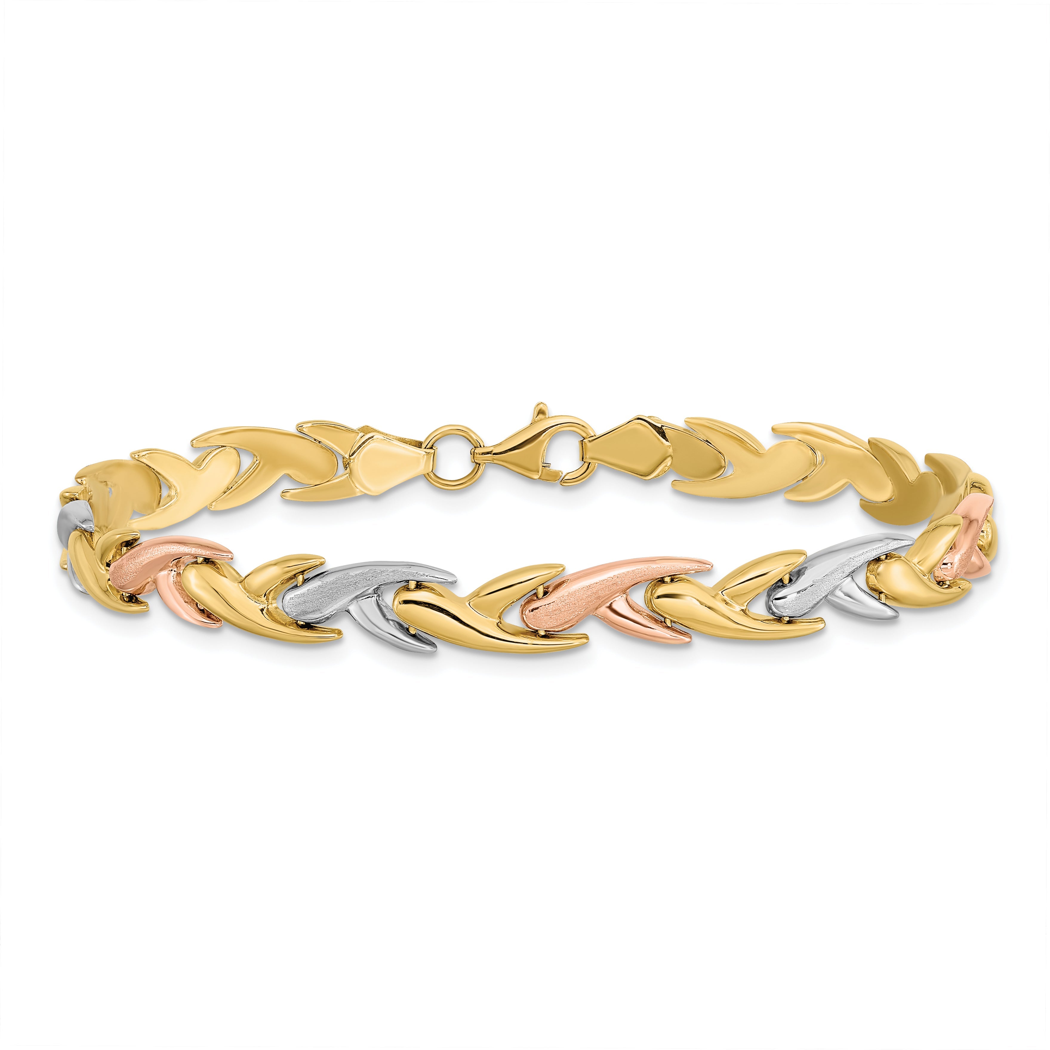 14K Tri Color Polished And Brushed Link Bracelet