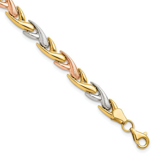14K Tri Color Polished And Brushed Link Bracelet