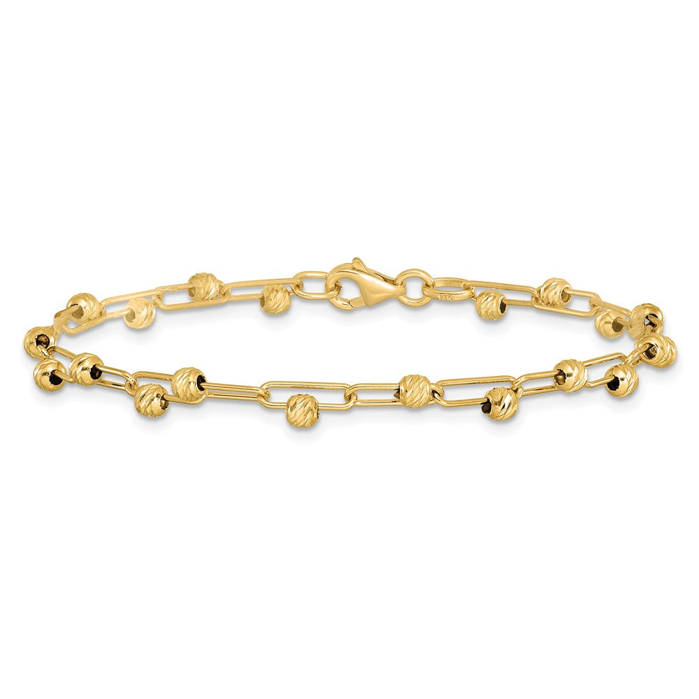 14K Yellow Gold Polished Diamond Cut Beads Link Bracelet