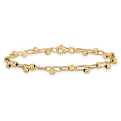 14K Yellow Gold Polished Diamond Cut Beads Link Bracelet