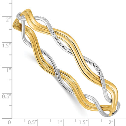 14K Yellow & Rhodium Polished And Dia Cut Braided Slip On Bangle