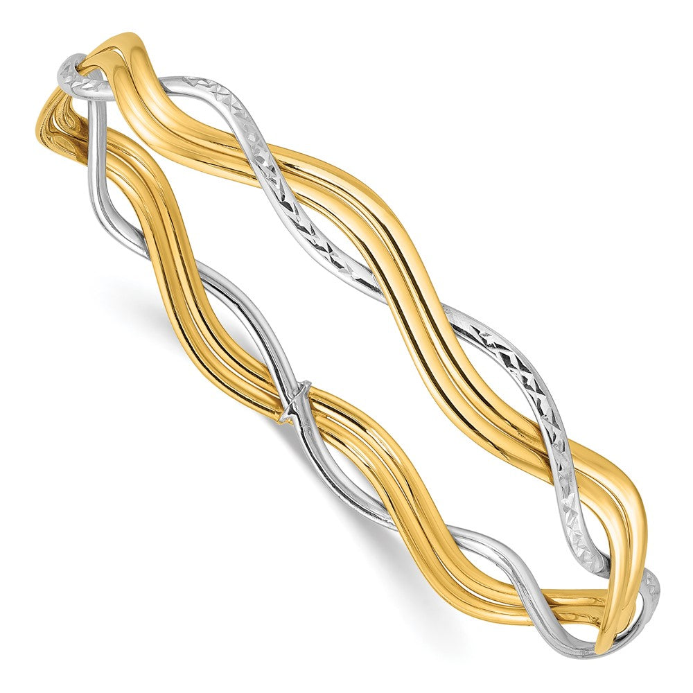 14K Yellow & Rhodium Polished And Dia Cut Braided Slip On Bangle