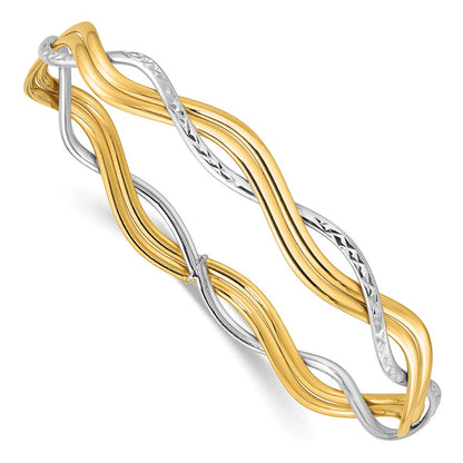 14K Yellow & Rhodium Polished And Dia Cut Braided Slip On Bangle