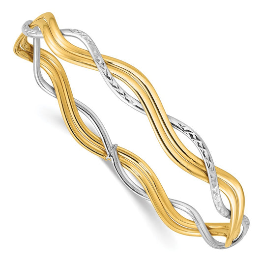 14K Yellow & Rhodium Polished And Dia Cut Braided Slip On Bangle