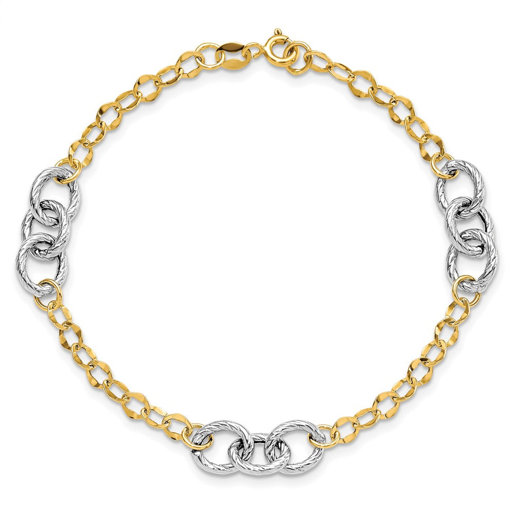 7.5 Inch 14K Two-Tone Polished And Textured Fancy Link Bracelet