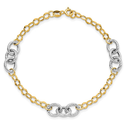 7.5 Inch 14K Two-Tone Polished And Textured Fancy Link Bracelet