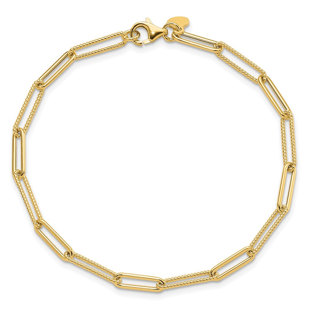 14K Yellow Gold Polished And Textured Paperclip Link Bracelet