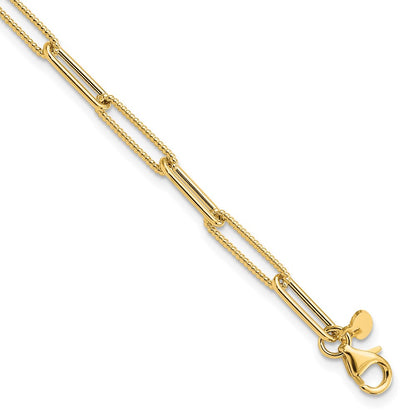 14K Yellow Gold Polished And Textured Paperclip Link Bracelet
