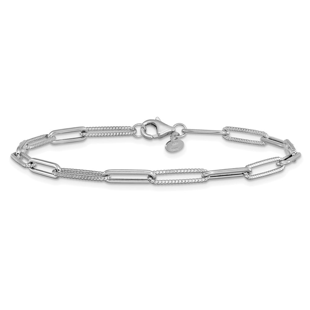 14K White Gold Polished / Textured Paperclip Link Bracelet