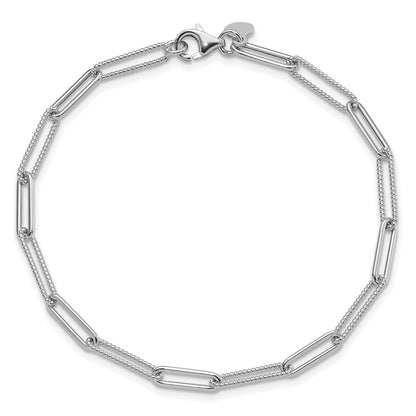 14K White Gold Polished / Textured Paperclip Link Bracelet