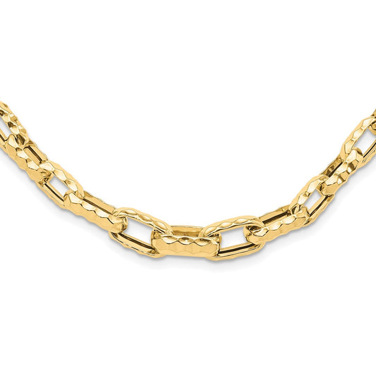 14K Yellow Gold Polished Hollow Hammered Graduated Link Necklace