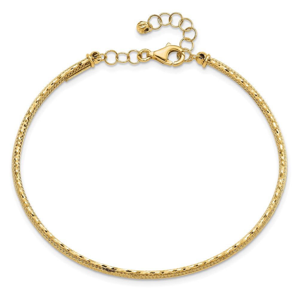 14K Yellow Gold Diamond Cut And Textured With Safety Chain Bangle