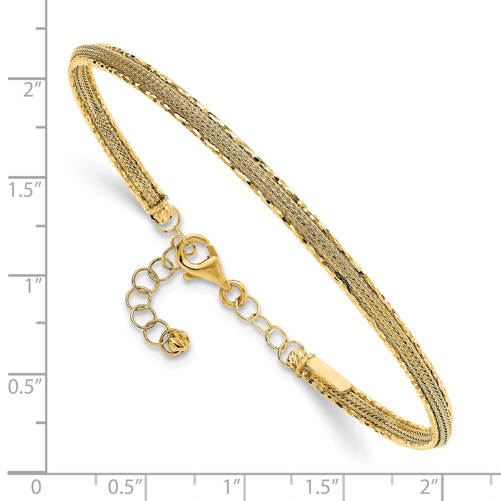 14K Yellow Gold Diamond Cut And Textured With Safety Chain Bangle