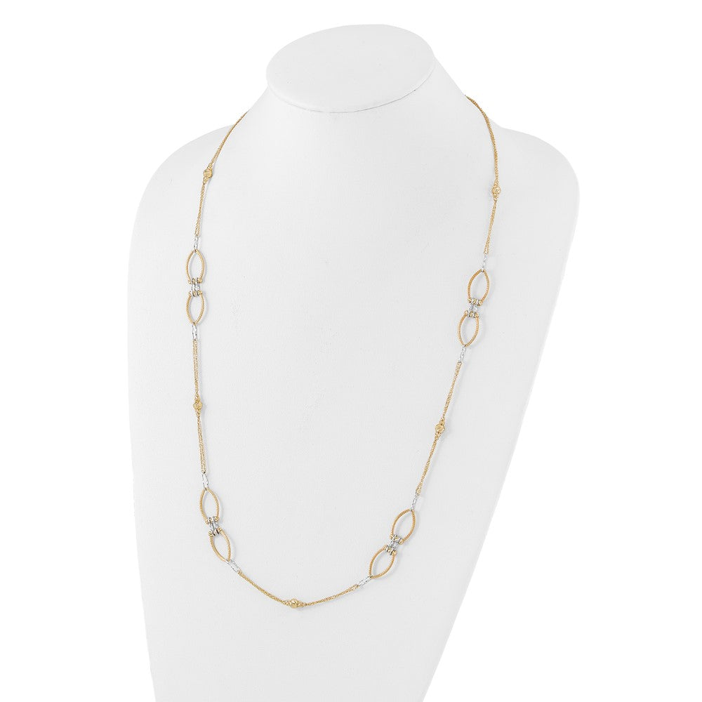 14K Two Tone Dia Cut Beads Fancy Link With 1In. Ext Necklace