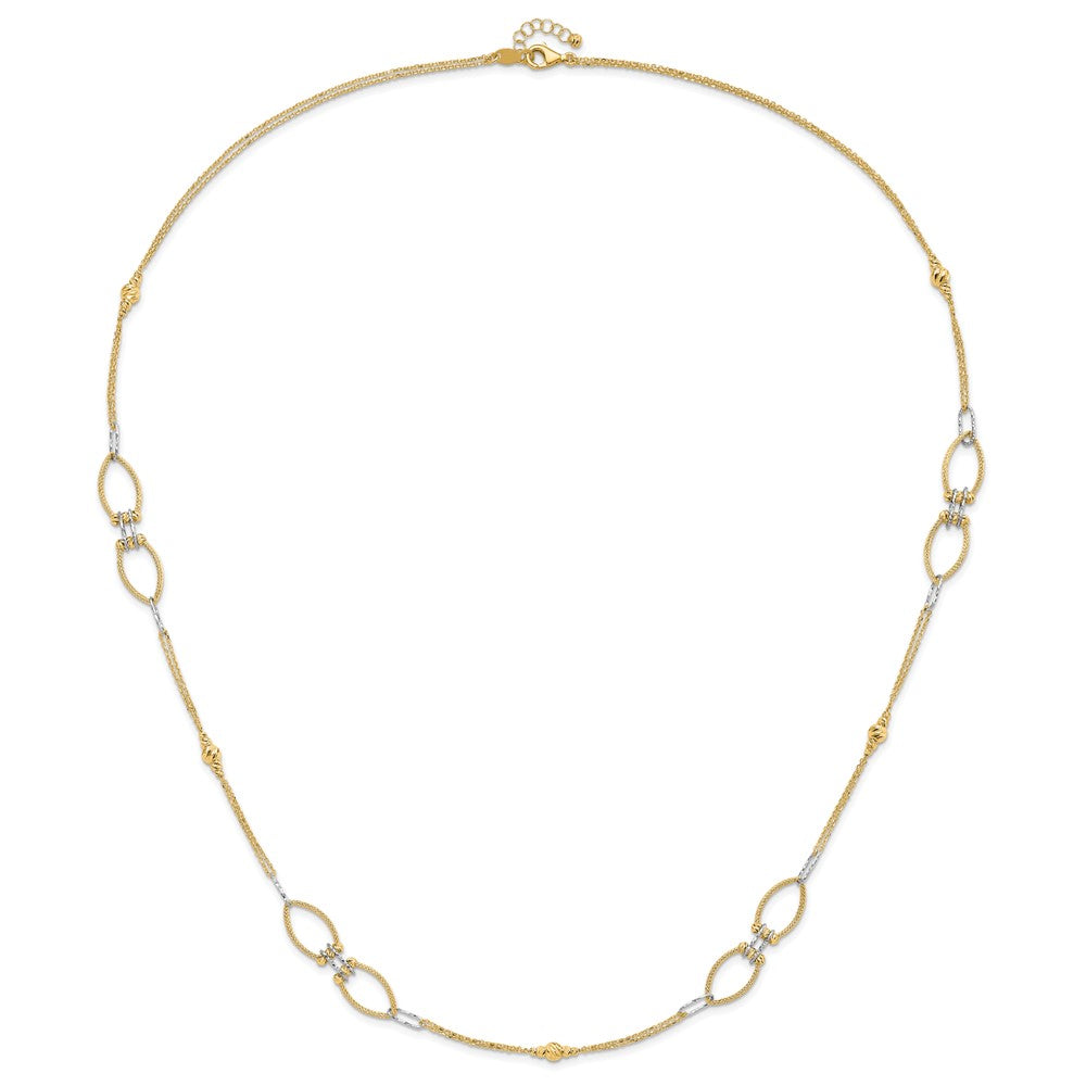 14K Two Tone Dia Cut Beads Fancy Link With 1In. Ext Necklace