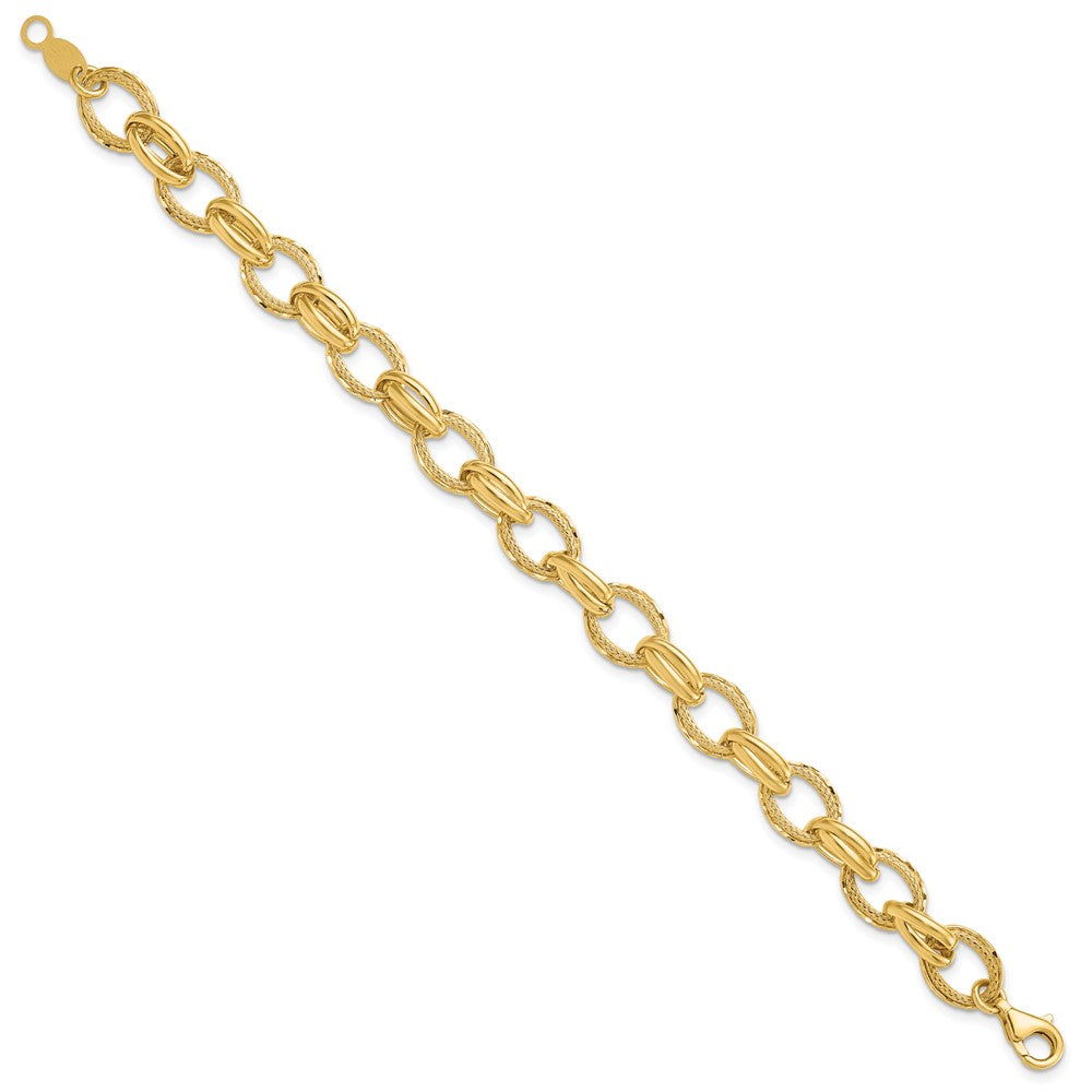 14K Yellow Gold Polished/Textured And Diamond Cut Fancy Link Bracelet