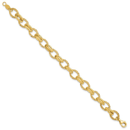 14K Yellow Gold Polished/Textured And Diamond Cut Fancy Link Bracelet