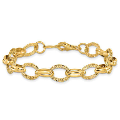 14K Yellow Gold Polished/Textured And Diamond Cut Fancy Link Bracelet